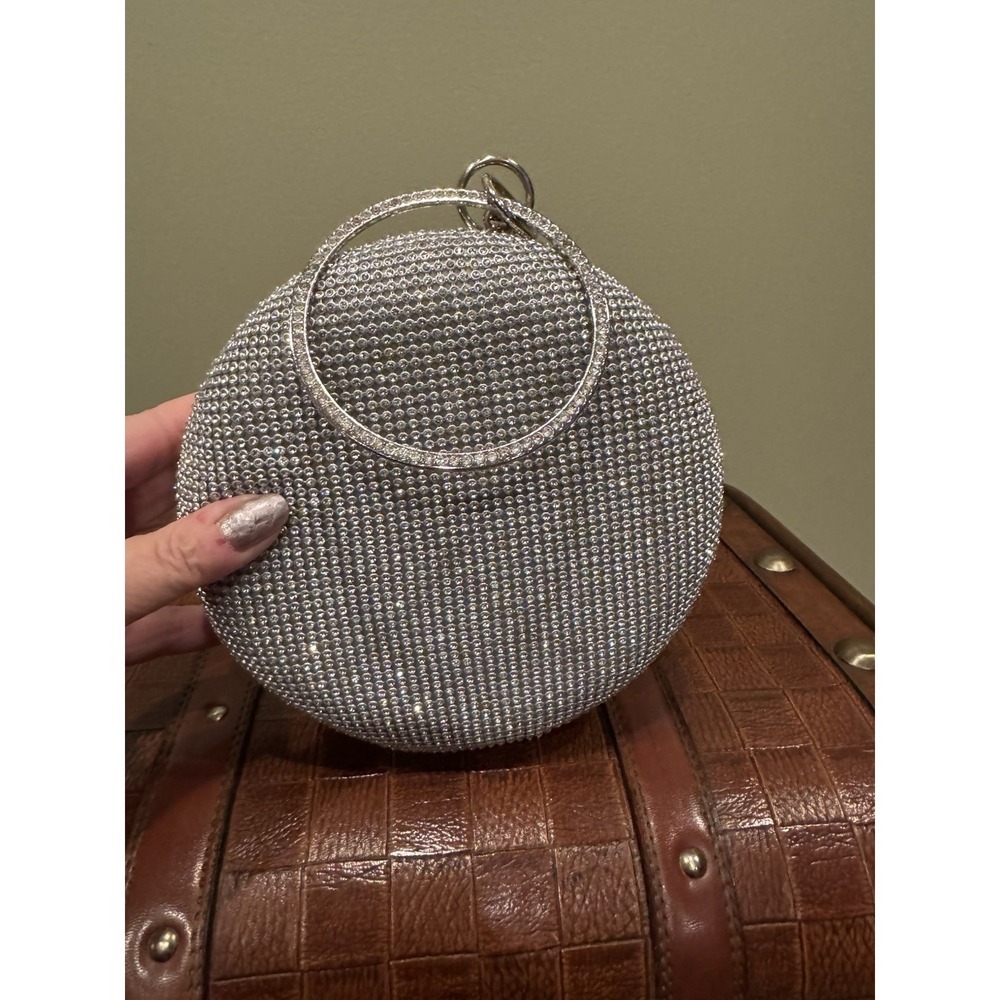 Sparkly Silver Rhinestone Round Evening Bag - Circular Crystal Sphere Clutch‎